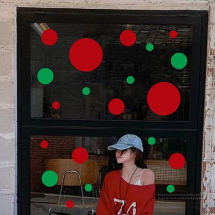 圣诞节圆点店铺橱窗户玻璃门装 旦春节日白绿红色贴纸新年 饰波点元