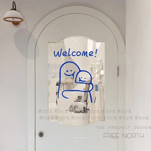 welcome可爱的抱抱克莱因蓝玻璃门贴纸防撞服装店童装橱窗装饰墙