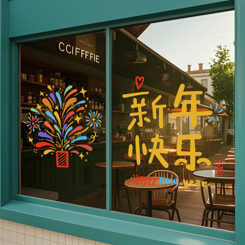 2026马年新年橱窗烟花装饰氛围布置静电玻璃门贴纸过年春节窗花