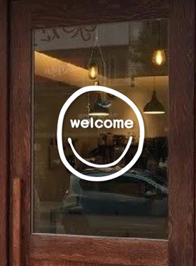 welcome欢迎光临笑脸  ins网红服装店奶茶店铺橱窗玻璃门贴纸画