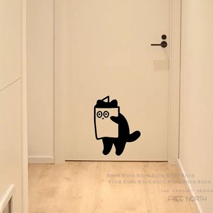 有趣贴纸假装看书的猫可爱 卡通转角贴纸 卧室儿童房门窗防撞墙贴