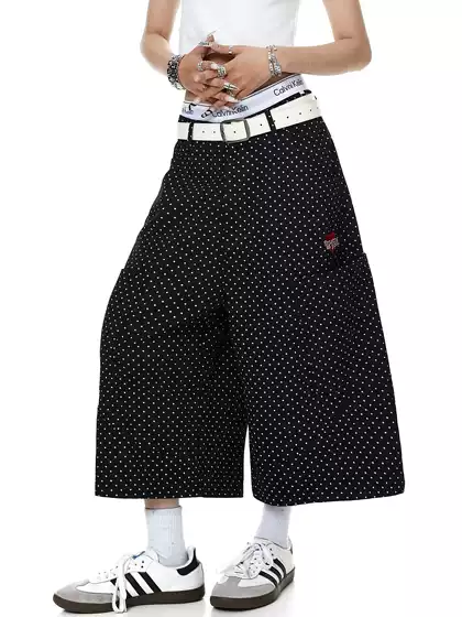 Blacklists American Retro Polka Dot All-Over Print Denim Capri Pants for Men and Women, Summer Large Pocket Cargo Shorts