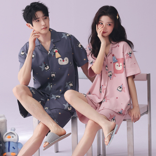 新款 开衫 卡通家居服男士 情侣睡衣女夏季 全棉套装 短裤 薄款 纯棉短袖