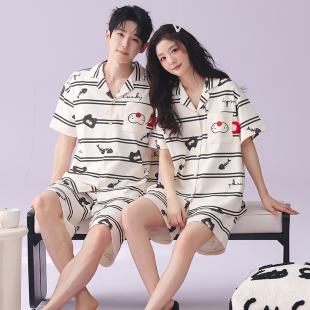 新款 开衫 卡通家居服男士 情侣睡衣女夏季 全棉套装 短裤 薄款 纯棉短袖