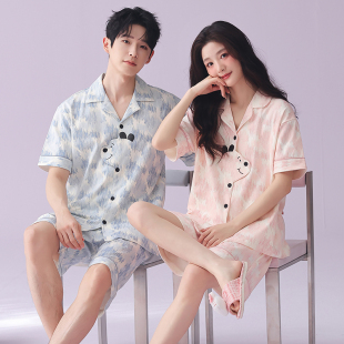 新款 开衫 卡通家居服男士 情侣睡衣女夏季 全棉套装 短裤 薄款 纯棉短袖