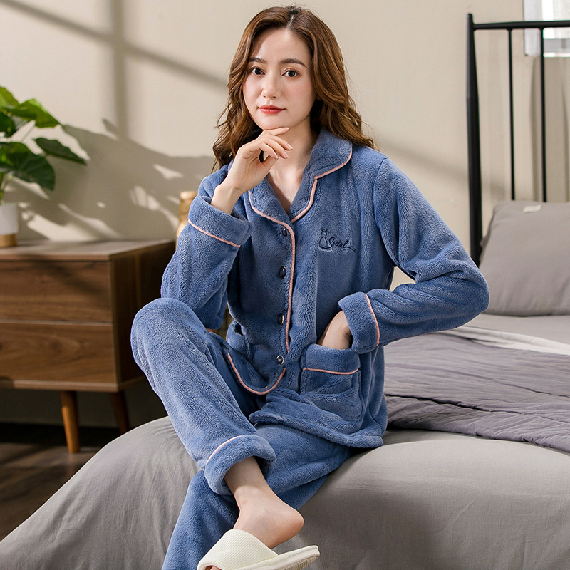 珊瑚绒睡衣女秋冬款开衫翻领加绒加厚冬季法兰绒可外穿家居服套装