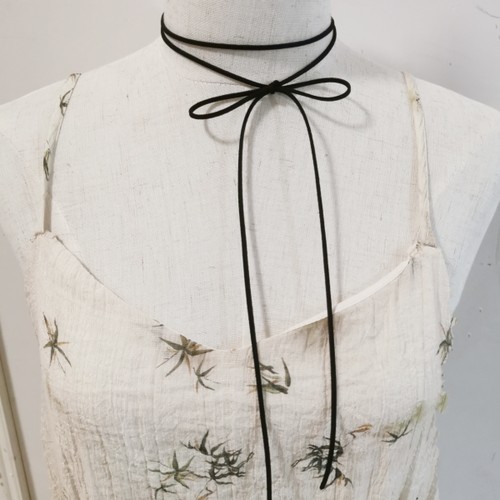 简约黑色长款系带麂皮绳女士夏季颈绳绑带蝴蝶结锁骨项链叠戴双层