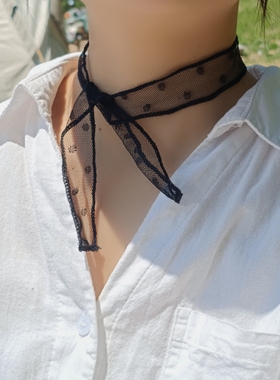 波点复古黑色蕾丝小丝巾甜美春秋颈部短款装饰带飘带脖饰