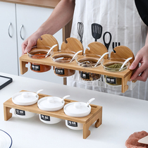 Creative Japanese style glass bamboo wood seasoning pot ceramic seasoning pot seasoning box seasoning bottle salt pot three four piece suit