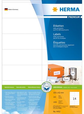 HERMA 4452 德国豪玛A4-100张不干胶标签纸105.0x42.0mm