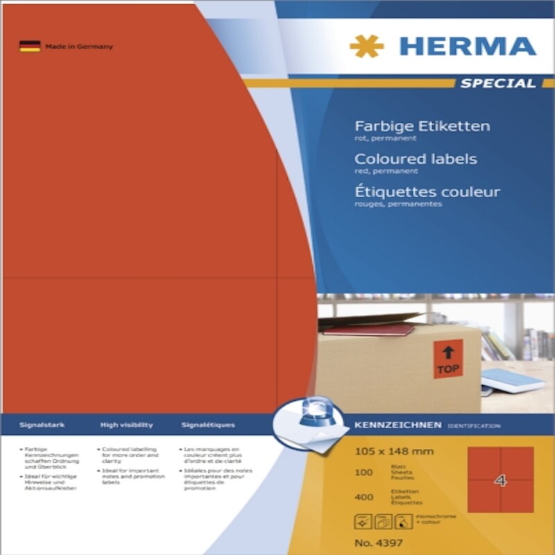 HERMA德国豪玛 4397 A4-100张红色不干胶打印标签纸105x148mm