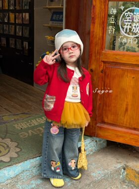 苏右2026秋季新款女童红色毛衣开衫外套洋气小女孩上衣