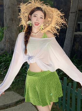 高级感性感比基尼泳衣女大码微胖女孩分体三件套罩衫显瘦遮肉泳装