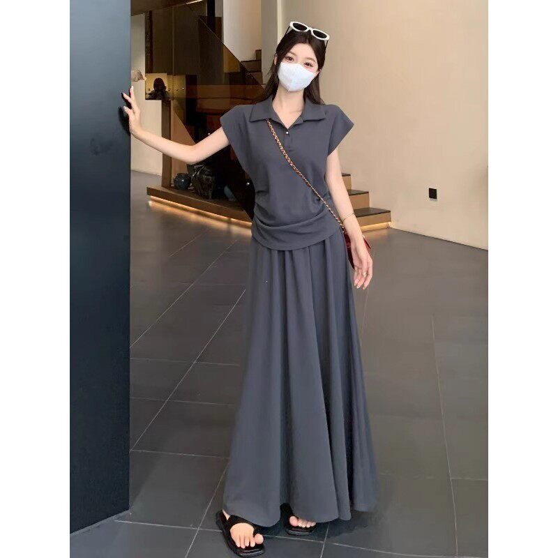大码微胖mm套装女夏POLO领无袖褶皱上衣高腰显瘦半身长裙两件套女