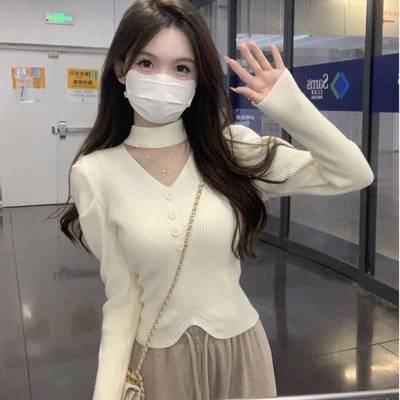 V领挂脖长袖针织衫女春秋2025新款法式设计感修身内搭打底衫上衣