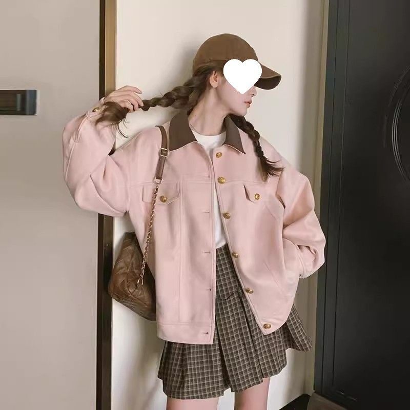 粉色麂皮绒工装外套女春秋2025新款甜美小个子学院风休闲夹克上衣