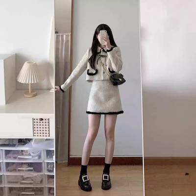 时尚套装女秋冬款韩版撞色翻领外套女+高腰A字裙包臀半身裙两件套