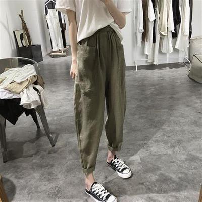大口袋哈伦裤女夏新款休闲裤高腰松紧带宽松显瘦阔腿仿竹麻九分裤