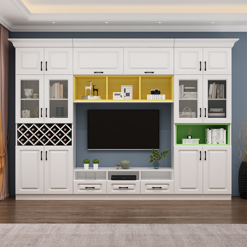 实木免漆板电视柜背景墙一体客厅多功能组合墙柜储物柜影视柜定制