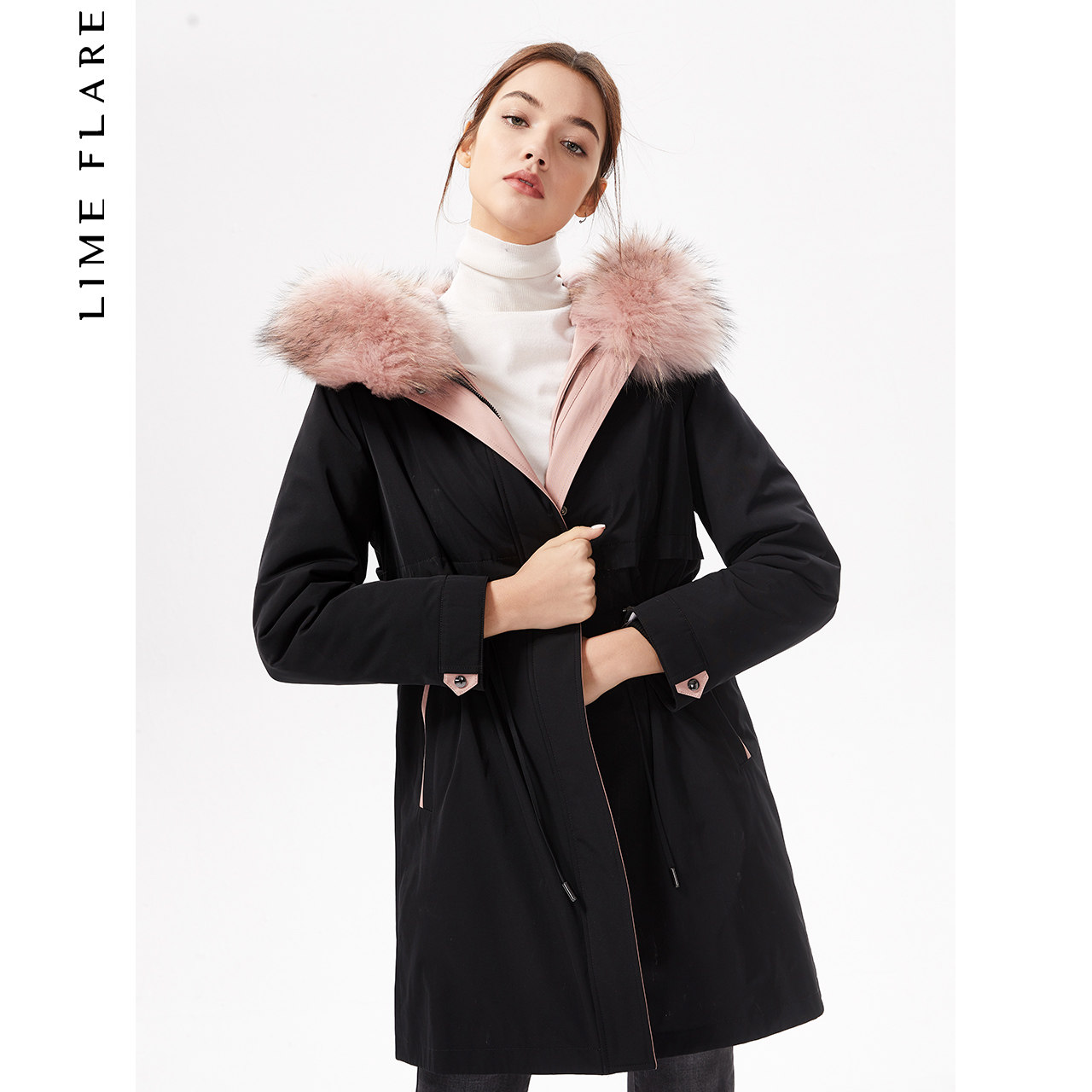 limeflare莱茵冬季轻奢收腰中长款派克服内胆尼克服皮草外套女