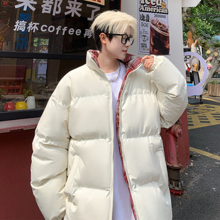 格子立领面包棉服男士冬季新款加绒加厚保暖羽绒棉袄男生棉衣外套