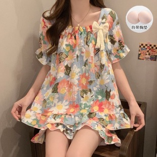 可外 睡衣女夏季 带胸垫春夏天薄款 短袖 甜美可爱荷叶边家居服套装