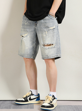 FPASCA高品质漆点破洞牛仔短裤男宽松美式高街破坏痞帅潮五分中裤