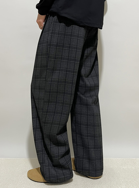 FPASCA新款格子直筒裤男潮流抽绳垂感慵懒休闲老钱风阔腿长裤秋冬