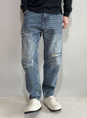 FPASCA春秋高品质漆点破洞补丁牛仔裤男宽松痞帅美式直筒小脚长裤