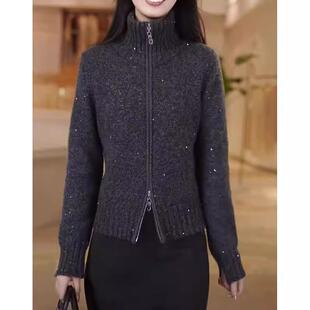 外穿上衣 慵懒显瘦双拉链针织开衫 高领毛衣外套深灰色春秋新款 大码