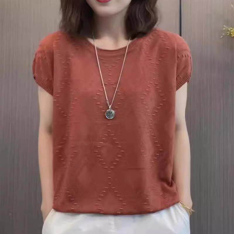 2025夏季新款冰丝女短袖宽松圆领百搭女士t恤洋气套头针织衫上衣