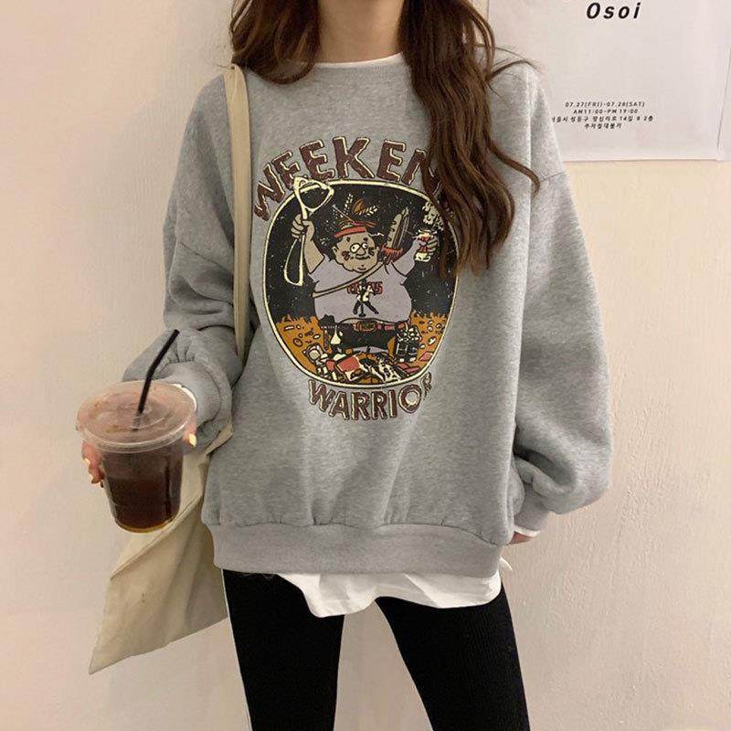 假两件加绒卫衣女2023秋冬新款宽松韩版卡通学生上衣女装一件代发