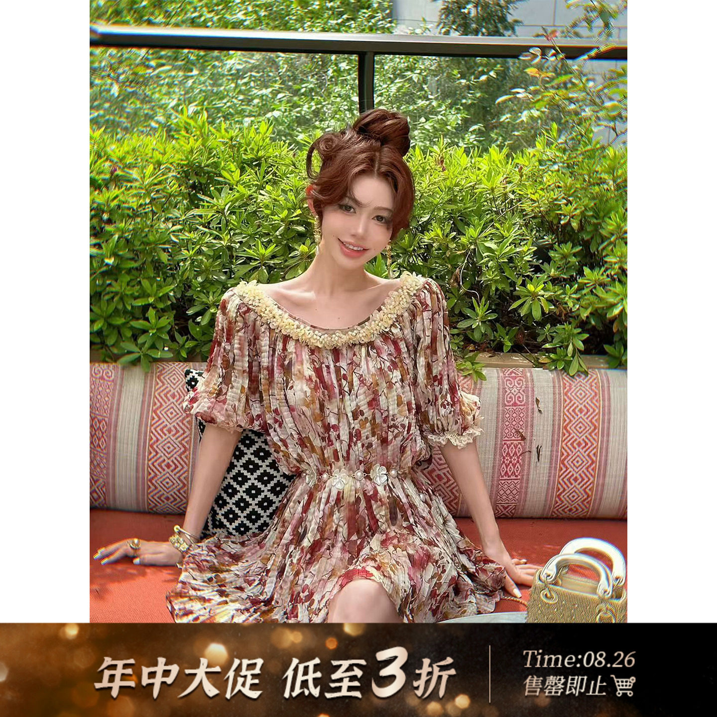孙瑜儿【琉璃蔷薇】重工压褶蕾丝花边收腰连衣裙 新款泡泡袖女裙