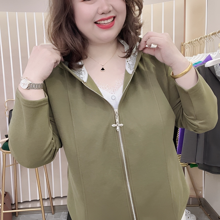春秋大码休闲时尚鱼骨拼接纯色长袖连帽蕾丝边拉链女装外套上衣潮