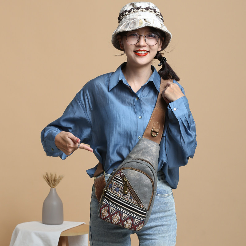 复古民族风2021新款胸包帆布百搭胸前包布艺牛仔布包斜挎女潮男包
