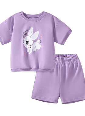 女童紫色短袖T恤短裤子套装儿童卫衣夏季两件套宝宝小兔子运动服2