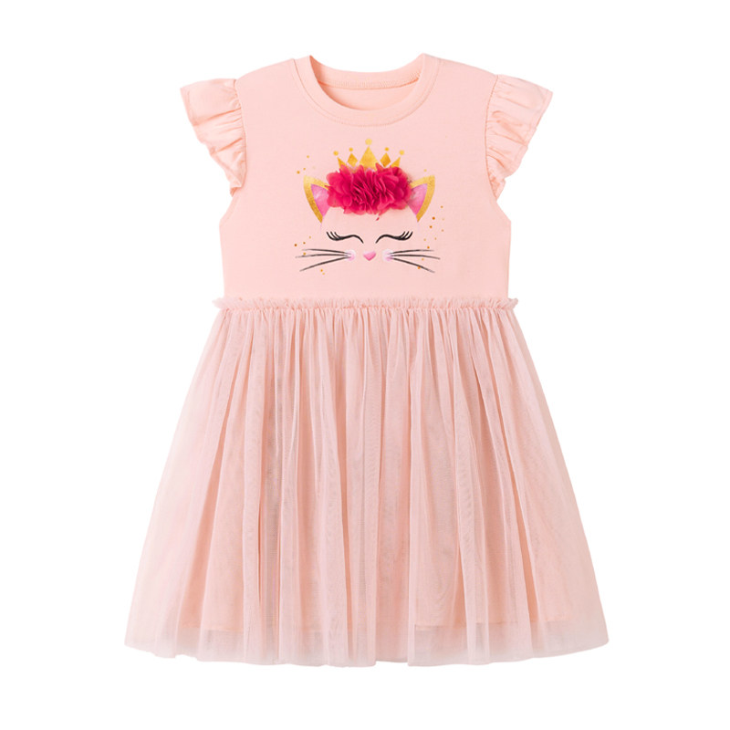 女童短袖连衣裙宝宝夏季棉质皇冠猫网纱中长裙公主裙小童T恤裙子6