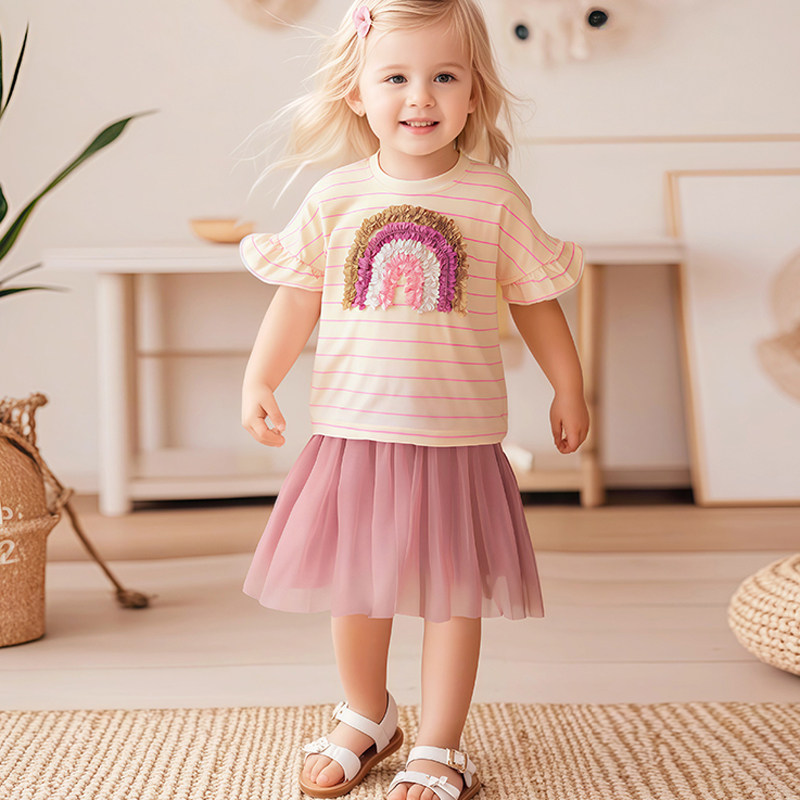 女童条纹短袖T恤蓬蓬裙子两件套儿童纯棉夏装宝宝网纱半身裙套装2