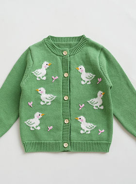 女孩宝宝毛衣外套婴儿春秋装女童绿色针织衫小童纯棉线开衫鸭子冬