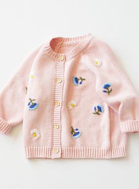 女童粉红色绣花针织衫儿童秋冬装3岁2宝宝毛线衫中小童毛衣4开衫5