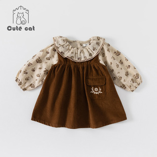 女童碎花长袖翻领上衣T恤打底衫宝宝春秋装儿童背心连衣裙子套装2