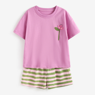 子两件套夏装 女童纯棉短袖 儿童宽松上衣宝宝绿条纹短裤 套装 T恤衫