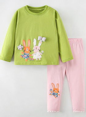 女童绿色长袖T恤小兔打底裤2件套儿童秋季套装宝宝纯棉上衣长裤子