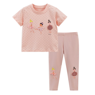 子夏季 女童粉红色短袖 儿童打底裤 T恤两件套2 套装 宝宝纯棉半袖