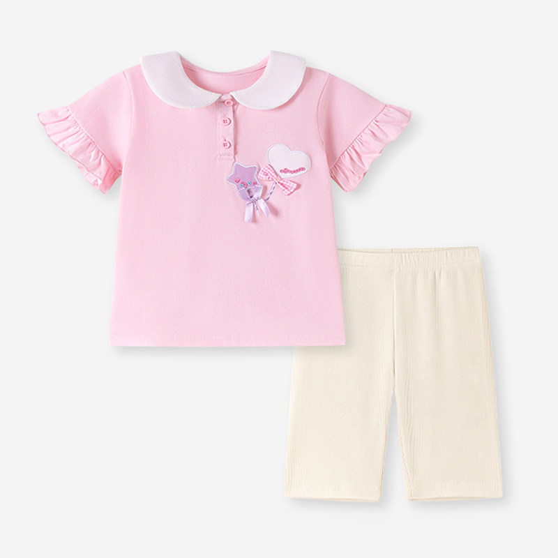 女童粉色短袖T恤套装小宝宝夏季纯棉娃娃领螺纹五分打底裤子2件套,童装/婴儿装/亲子装,套装,淘宝优惠券,粉丝福利购,淘宝优惠卷