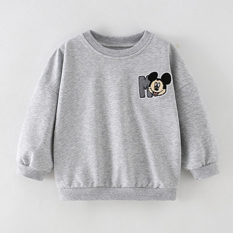 男童灰色套头卫衣外套宝宝纯棉春秋装小童卡通鼠上衣女童长袖T恤3