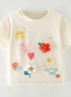 女童圆领白色小花短袖T恤上衣儿童纯棉夏装中小童半袖打底衫体恤6