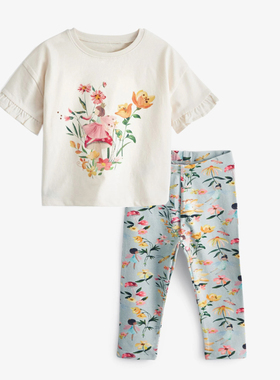 女童碎花打底裤子白色短袖T恤套装儿童纯棉夏季两件套中小童半袖2