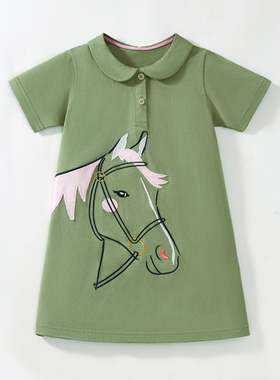 女童翻领小马短袖连衣裙宝宝娃娃裙儿童纯棉夏装女孩T恤裙子公主2