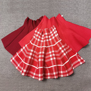 女童红格子高腰护脐半身裙宝宝针织裙子儿童春秋装 中小童腰裙百褶